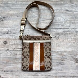 Coach Signature Stripe Crossbody Bag Beige Brown Canvas Small Purse Y2K Designer